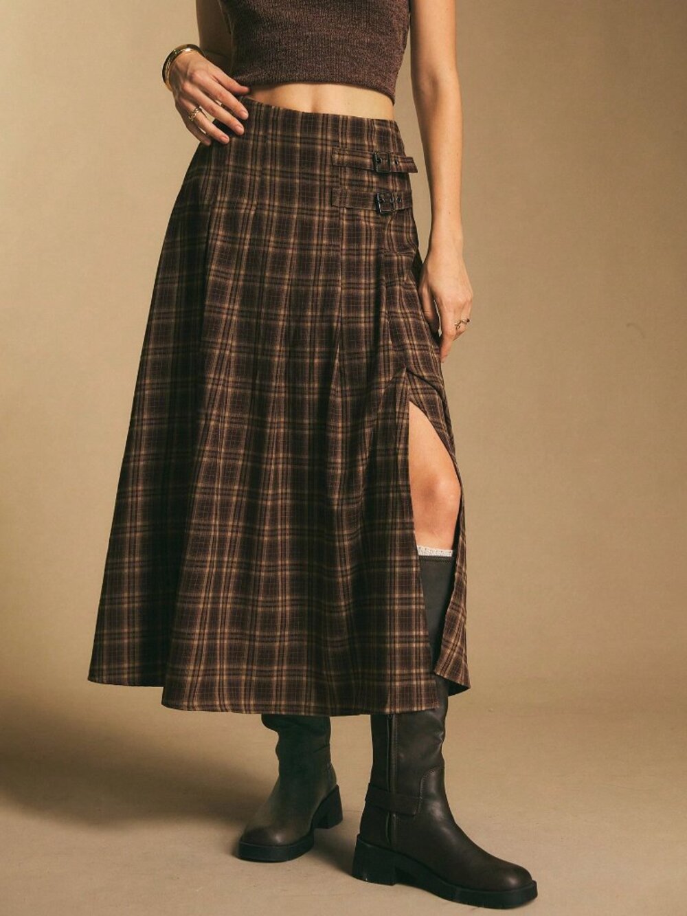 Brown Casual Women's Plaid Side Buckle Split Thigh Pocket Flared Skirt